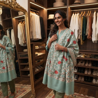 A woman stands in a luxurious walk-in closet wearing a mint green kurta with red floral prints and olive green trousers. The room features dark wood shelving filled with folded and hanging clothes, a large gold-framed mirror reflecting her profile, and a crystal chandelier overhead.