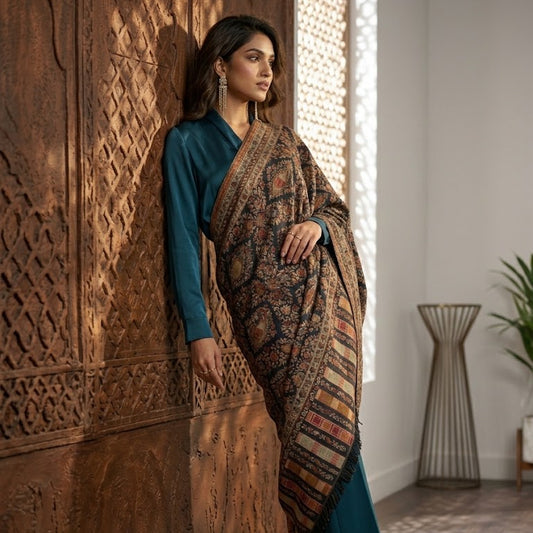 A woman models a traditional South Asian outfit featuring a teal blue long-sleeve kurta and matching wide-leg trousers, draped with a large brown and beige patterned shawl. She is posed against a carved wooden wall in a sunlit room.