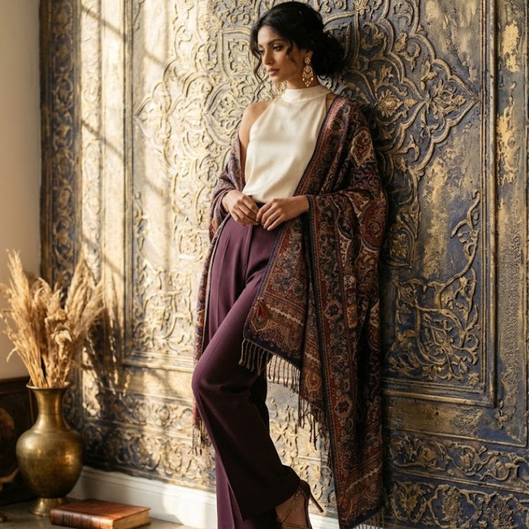 A woman stands in a sunlit room against an ornate blue and gold patterned wall, wearing a cream mock-neck top, deep purple wide-leg trousers, and a dark brown patterned shawl with fringe. A brass vase with dried grass and a book sit on the floor nearby.