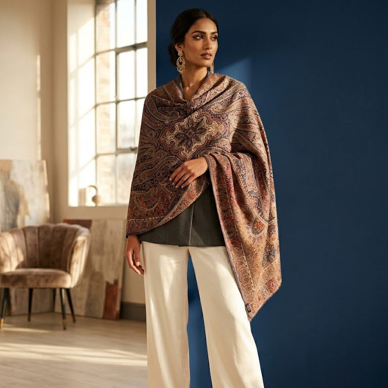 A woman models a large paisley shawl in earthy brown, beige, and muted orange tones, styled over a dark top and white wide-leg trousers in a modern room with a blue wall.