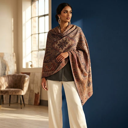 A woman models a large paisley shawl in earthy brown, beige, and muted orange tones, styled over a dark top and white wide-leg trousers in a modern room with a blue wall.