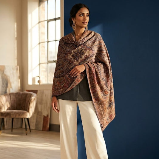 A woman models a large paisley shawl in earthy brown, beige, and muted orange tones, styled over a dark top and white wide-leg trousers in a modern room with a blue wall.
