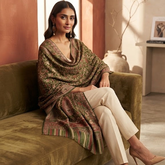 A woman sits on an olive green velvet sofa in a warm, sunlit room, wearing a patterned shawl draped over her shoulders, cream trousers, and beige heels.