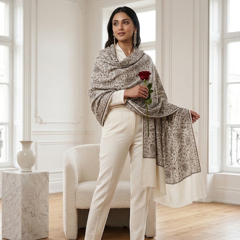 A woman stands in a bright white room with wood floors, wearing a cream and gray patterned shawl over a white outfit, holding a single red rose.