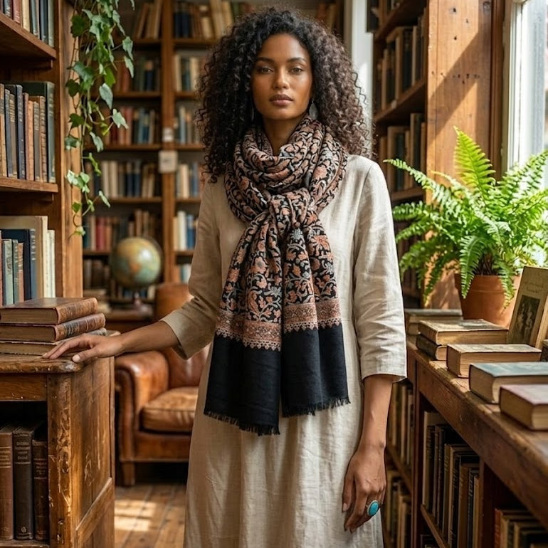 A woman with curly hair stands in a cozy, sunlit bookshop wearing a long beige linen dress and a patterned scarf with black and brown tones. She is framed by tall wooden bookshelves filled with books and green plants.