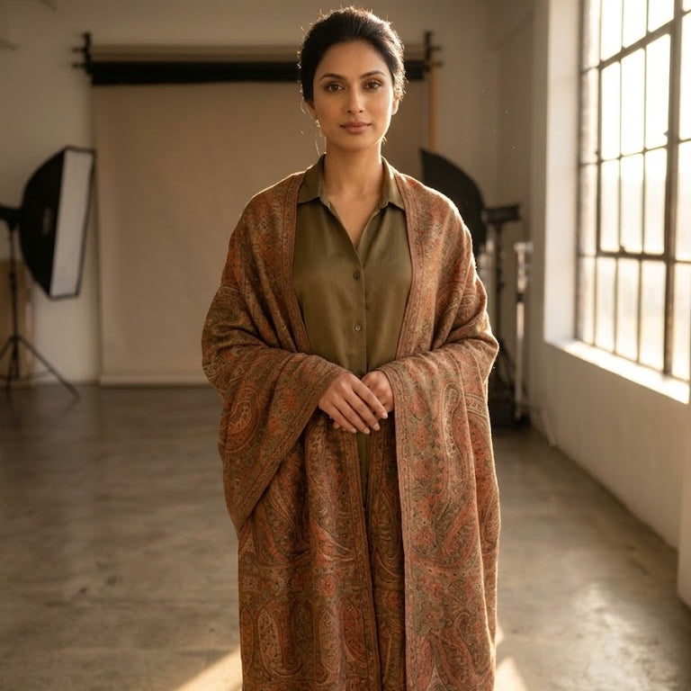 A woman stands in a sunlit studio wearing a rust-orange paisley shawl draped over an olive green shirt and trousers. Studio lights and a window are visible in the background.