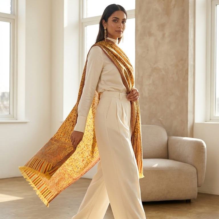 A woman models a luxurious golden-yellow shawl with intricate orange and green floral patterns, draped over her shoulders over a cream-colored jumpsuit in a bright, modern room with large windows.