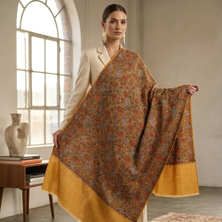 A woman models a large patterned shawl with a wide golden-yellow border, draped over her shoulders in a bright room with an arched window.