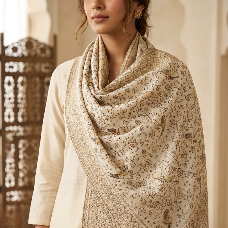 A woman wearing a cream-colored kurta and a large beige shawl with intricate brown floral and paisley patterns draped over her shoulders.