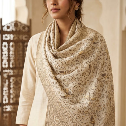 A woman wearing a cream-colored kurta and a large beige shawl with intricate brown floral and paisley patterns draped over her shoulders.