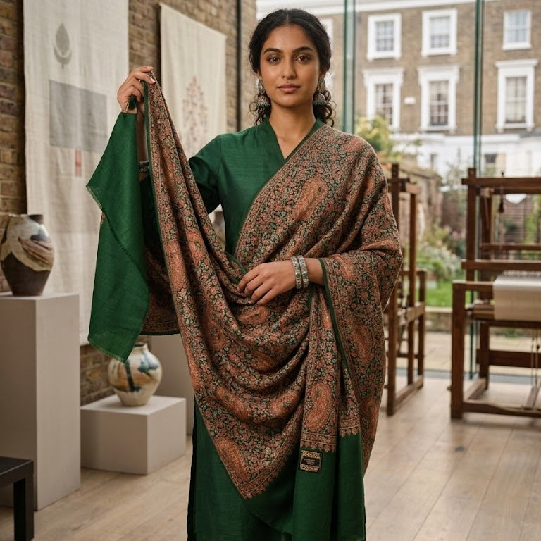 A woman models a green kurta and a matching patterned shawl in a bright, modern indoor studio with brick walls and large windows.