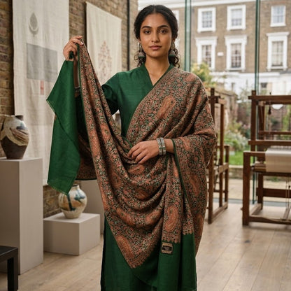 A woman models a green kurta and a matching patterned shawl in a bright, modern indoor studio with brick walls and large windows.