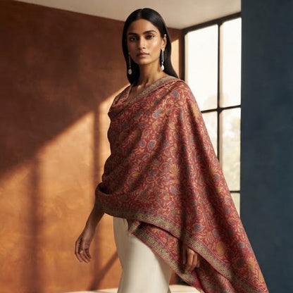 A woman models a draped shawl with a red and gold paisley pattern over cream wide-leg trousers in a modern studio setting with warm and cool colored walls.