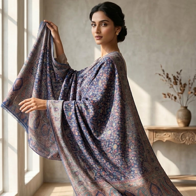 A woman models a lightweight patterned shawl draped over her shoulders in a bright, sunlit room. The shawl features an intricate floral and paisley design in muted blue, purple, and pink tones with a fringed edge.