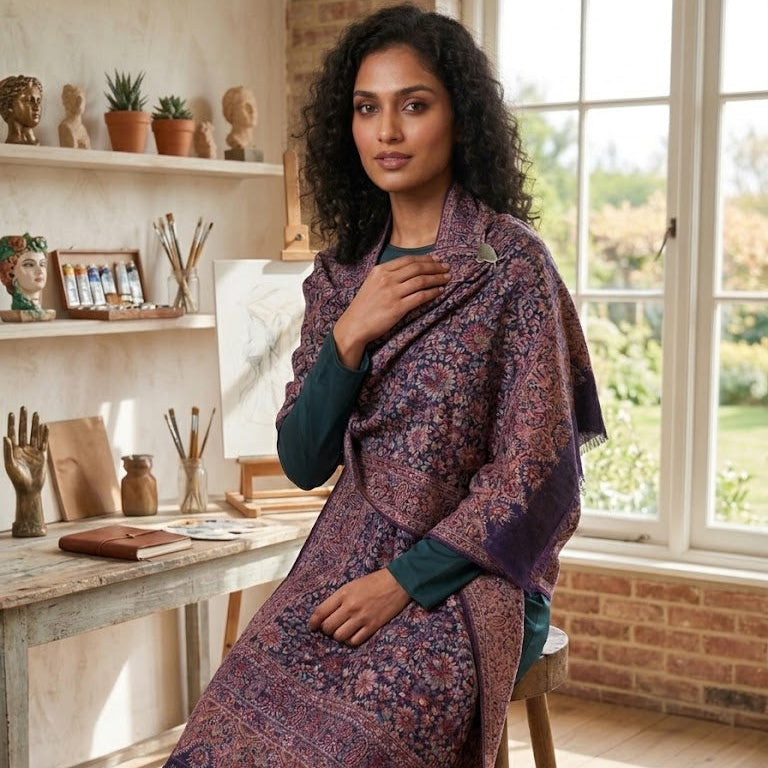 Kani Jamawar Shawl in Navy Blue on a female model