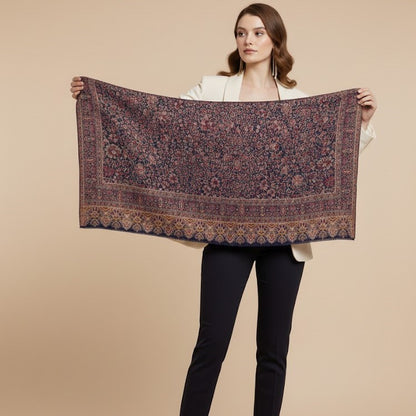 Kani shawl in navy blue on a female model