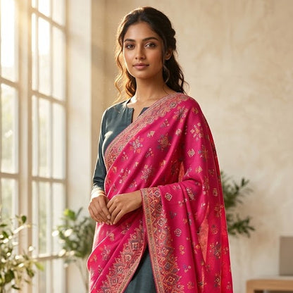 A woman stands in a sunlit indoor room wearing a dark slate blue traditional outfit with a bright pink dupatta featuring ornate gold and red floral patterns.