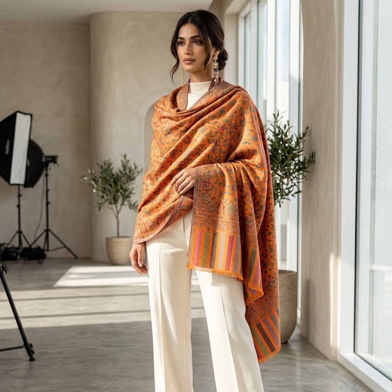 A woman models a vibrant orange and gold patterned shawl draped over her shoulders, paired with white wide-leg trousers and white pointed-toe heels in a modern studio setting with large windows.
