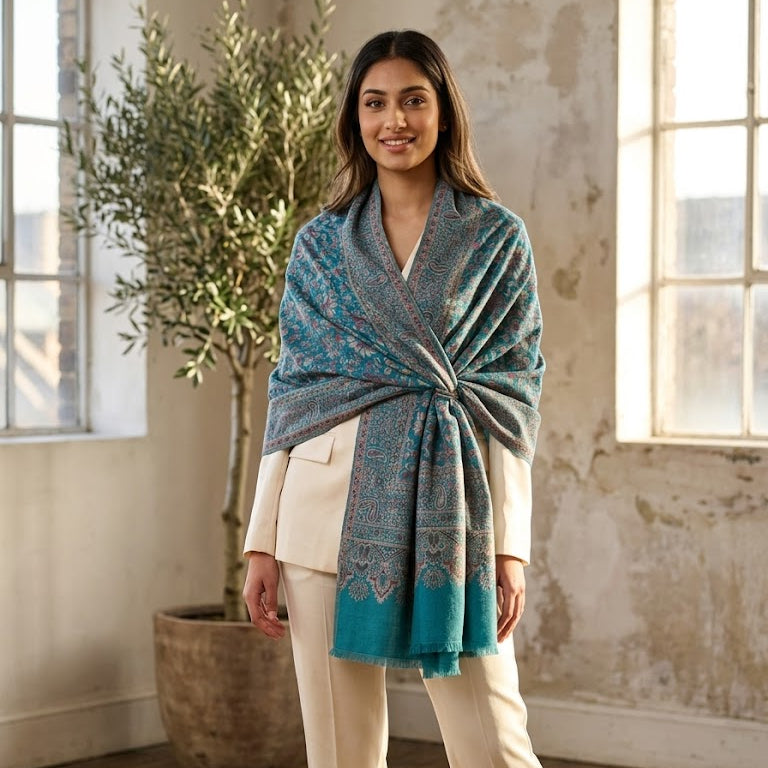 A woman models a teal and blue patterned shawl wrap with a matching solid teal border, styled over a cream-colored blazer and trousers in a rustic, sunlit room.