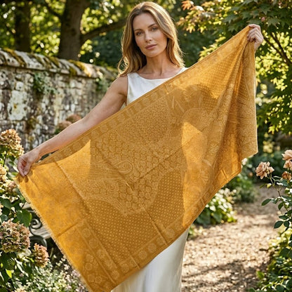 Woman holding a mustard yellow patterned fabric in a garden setting