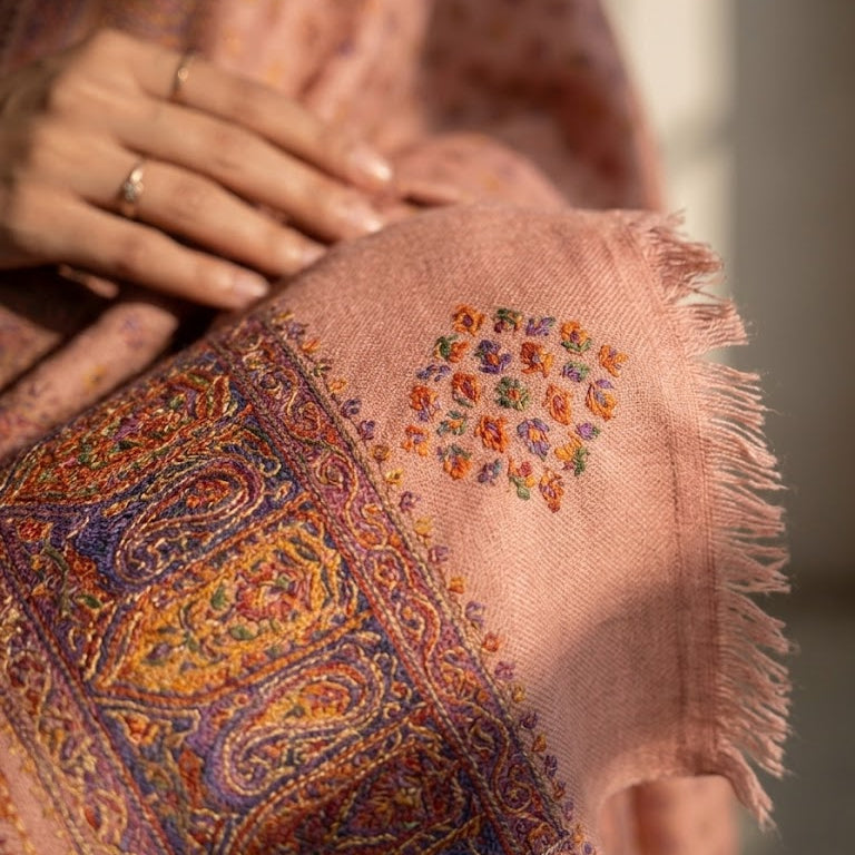 Silk Wool Kani Jamawar Shawl draped on a female model