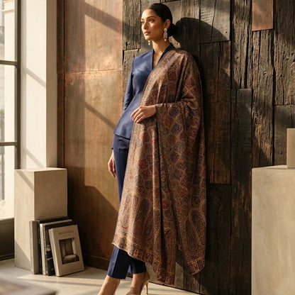 Multi-Jewel Kalamkari Wool Shawl - Paisley Design for Weddings & Gifting