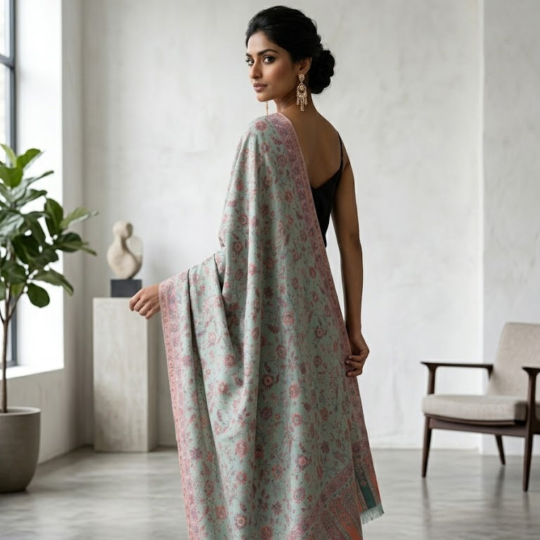 A woman stands in a bright, modern room wearing a light sage green shawl with pink and peach floral patterns and a striped border. She is wearing a black sleeveless top and black heels.