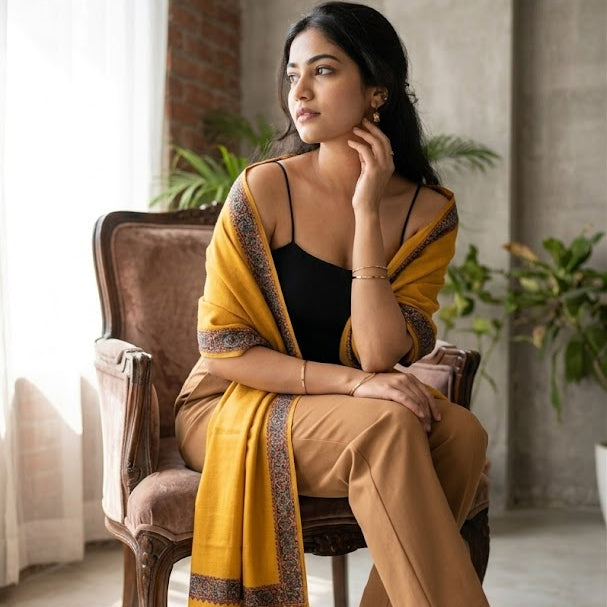 A woman sits on a brown upholstered armchair in a bright indoor setting, wearing a mustard yellow dupatta with dark border detailing, a black camisole, tan trousers, and black strappy high heels.