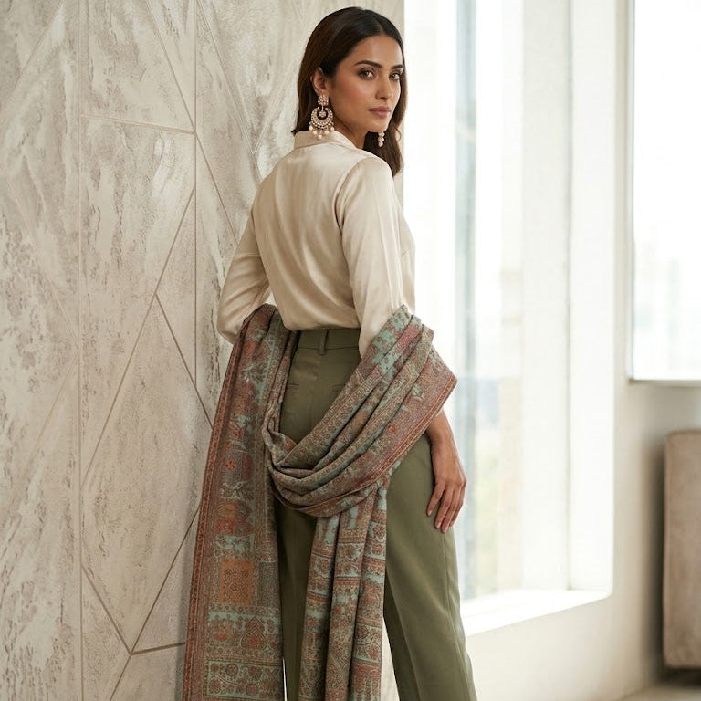 A woman stands in a bright indoor setting wearing an olive green pants suit with a beige top and a patterned green and rust dupatta draped over her shoulder.