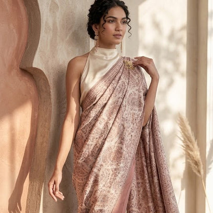 A woman models a draped dusty rose pink patterned shawl over a cream mock-neck top and matching pink wide-leg trousers, standing in a warm, sunlit architectural setting with beige walls.