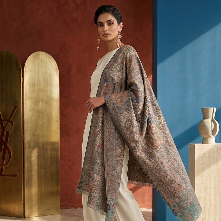 A woman models a lightweight shawl with a brown and teal paisley pattern draped over her shoulders, styled over a white kurta and wide-leg trousers in a modern, stylishly decorated room with terracotta and blue walls.