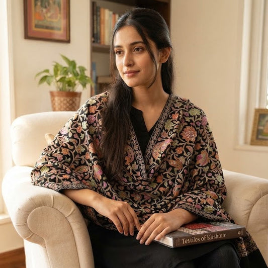 A woman sits in a cream armchair in a cozy room, wearing a black tunic with a pink and gold floral pattern over a black top and dark jeans, holding a book.