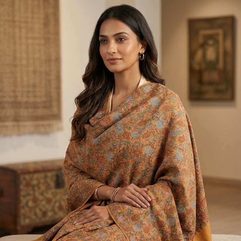Mustard Yellow Sozni Jaal Embroidery Shawl