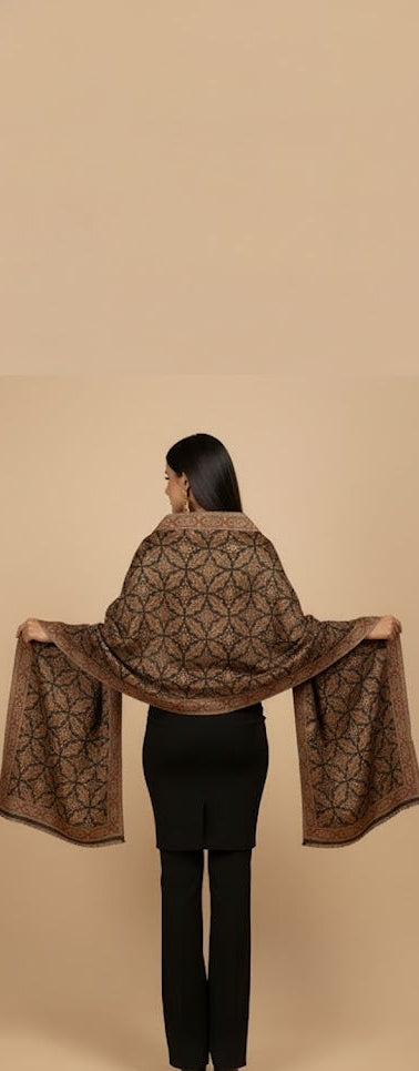Person wearing a brown patterned shawl over a plain background