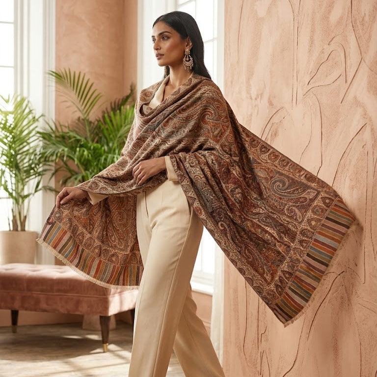A woman models a large brown paisley shawl with multicolor striped fringe, styled over a cream-colored pants set in a warm, sunlit room with textured peach walls and wooden floors.