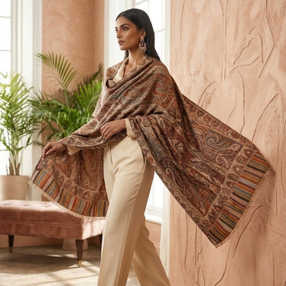 A woman models a large brown paisley shawl with multicolor striped fringe, styled over a cream-colored pants set in a warm, sunlit room with textured peach walls and wooden floors.