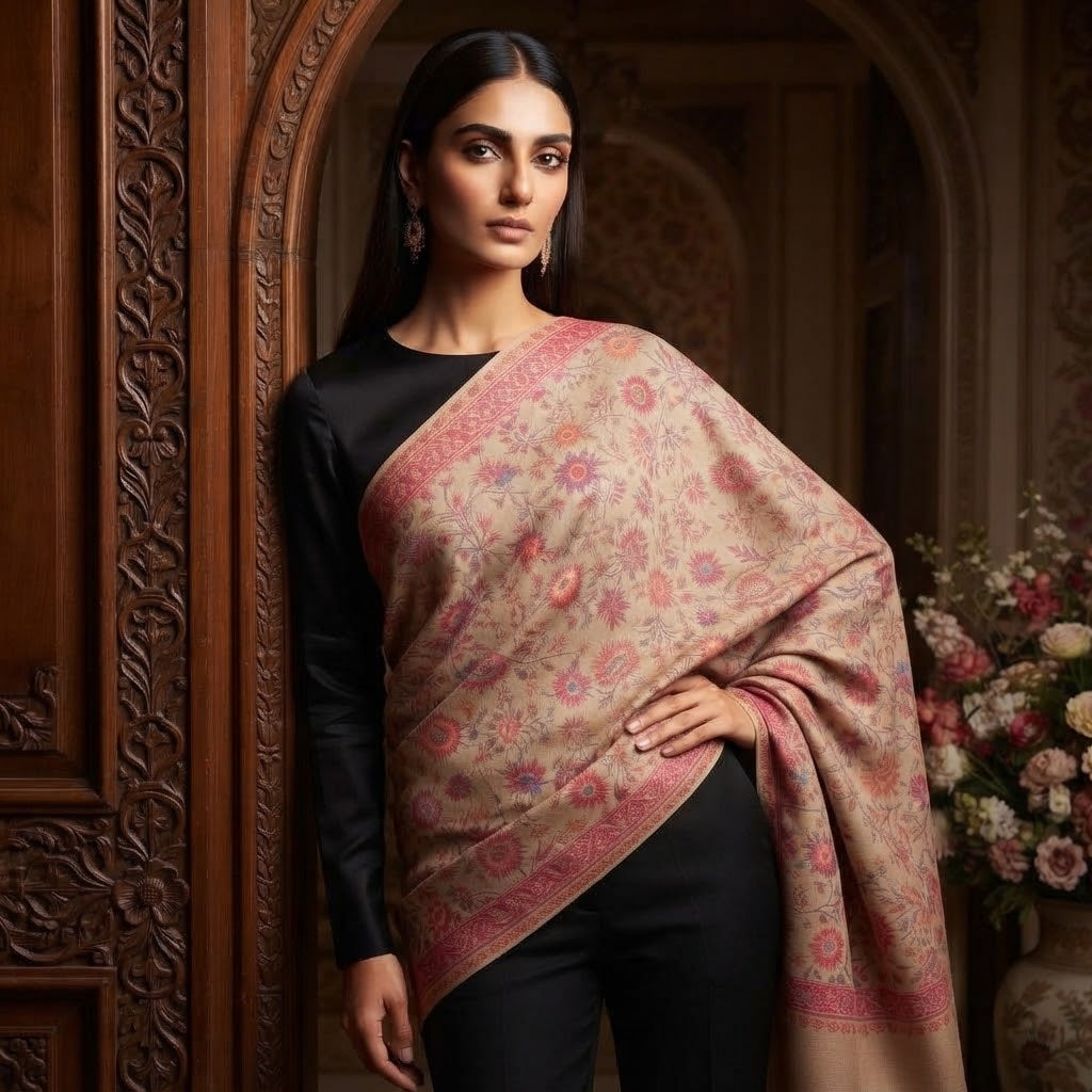 A woman models a beige and pink patterned shawl draped over her shoulders, paired with a black long-sleeve top and black trousers, standing in front of an ornate carved wooden archway.
