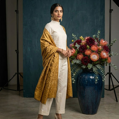 Woman in a mustard yellow and white outfit standing next to a large blue vase with flowers against a dark backdrop.