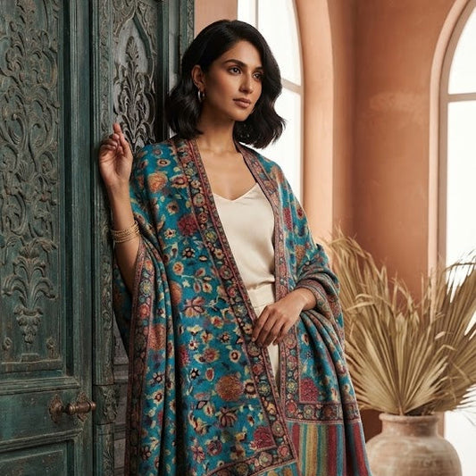 A woman models a traditional South Asian outfit featuring a teal and multicolor patterned shawl draped over a white top and white trousers, standing in a rustic room with a distressed teal wooden door and warm terracotta walls.