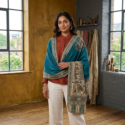 Teal Blue Kalamkari Wool Shawl - Double Border Paisley Design for Weddings & Gifting