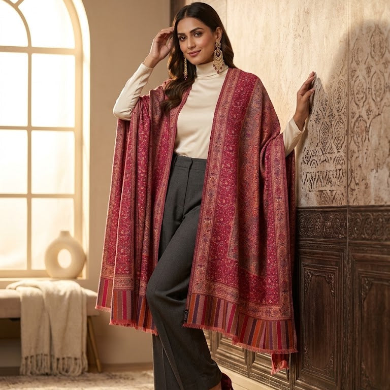 A woman models a luxurious deep pink and red patterned shawl draped over her shoulders, styled with a white turtleneck, dark gray wide-leg trousers, and black heels in an elegant room with a patterned wall and arched window.