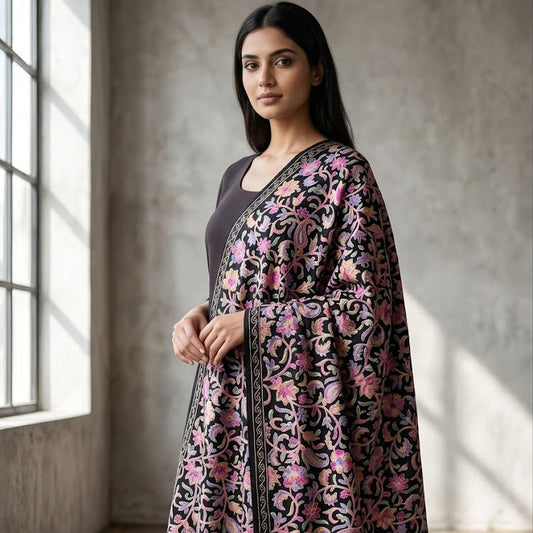 A woman stands in a sunlit room with a textured concrete wall and wooden floor, wearing a black kurta with an elaborate pink and beige floral embroidered shawl draped over her shoulders.