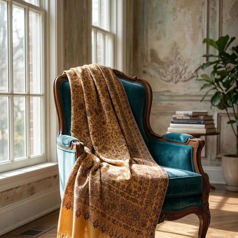 A patterned throw blanket in mustard yellow and brown is draped over a teal velvet armchair in a sunlit room with wood floors, windows, and a potted plant.