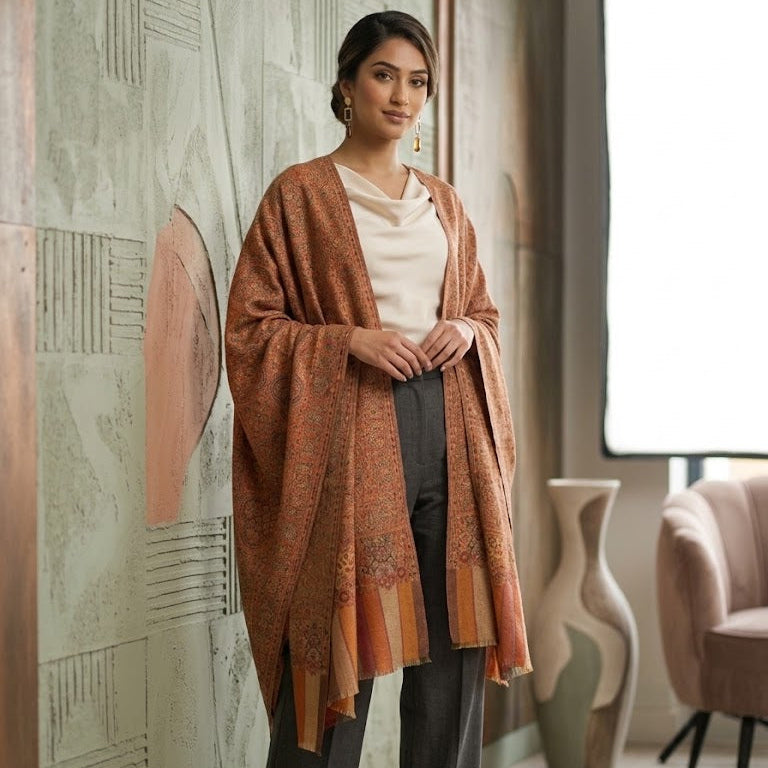 A woman models a rust-orange patterned shawl draped over her shoulders, worn over a cream top and dark gray trousers in a modern, neutral-toned interior setting.