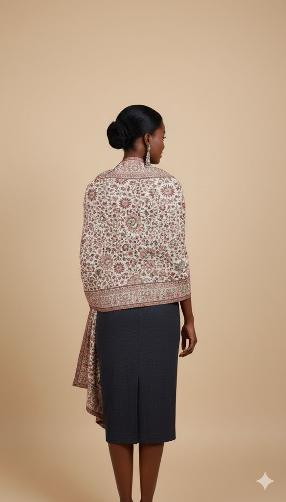 Woman wearing a patterned shawl over a plain garment on a beige background