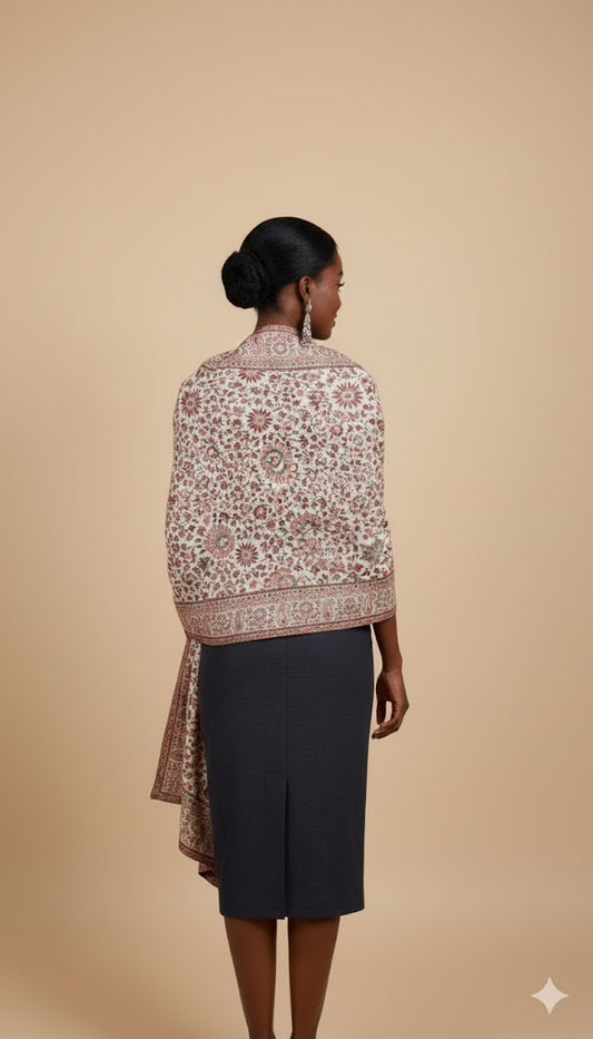 Woman wearing a patterned shawl over a plain garment on a beige background