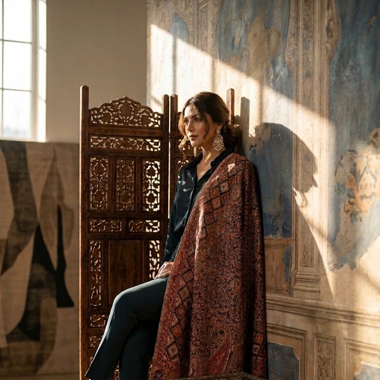 A woman sits on a carved wooden chair in a sunlit room with ornate wall paneling and tapestries, wearing a dark blue outfit and a rust-red patterned shawl draped over her shoulders.