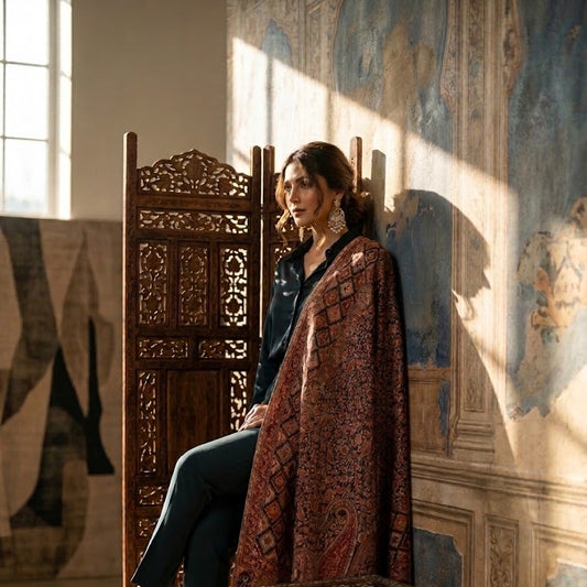 A woman sits on a carved wooden chair in a sunlit room with ornate wall paneling and tapestries, wearing a dark blue outfit and a rust-red patterned shawl draped over her shoulders.