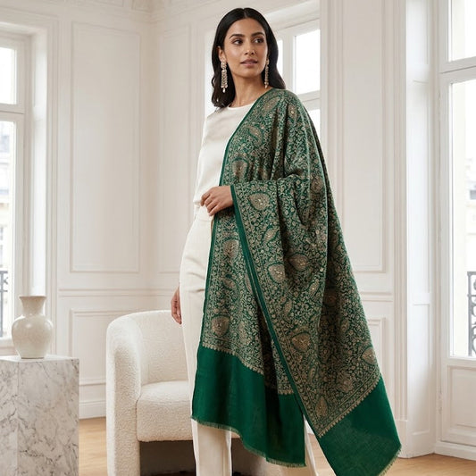A woman models a green and gold patterned dupatta draped over her shoulders, paired with a white outfit in a bright, elegant room with white walls and wooden floors.