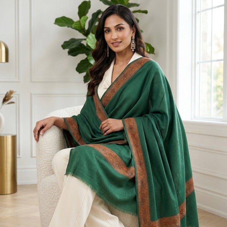A woman sits on a white armchair in a bright room, wearing a green shawl with brown border details over a white outfit.